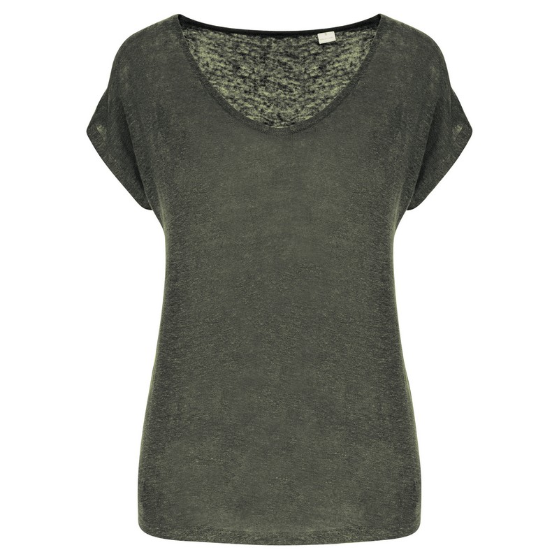 T-shirt Col V en Lin Femme - Organic khaki